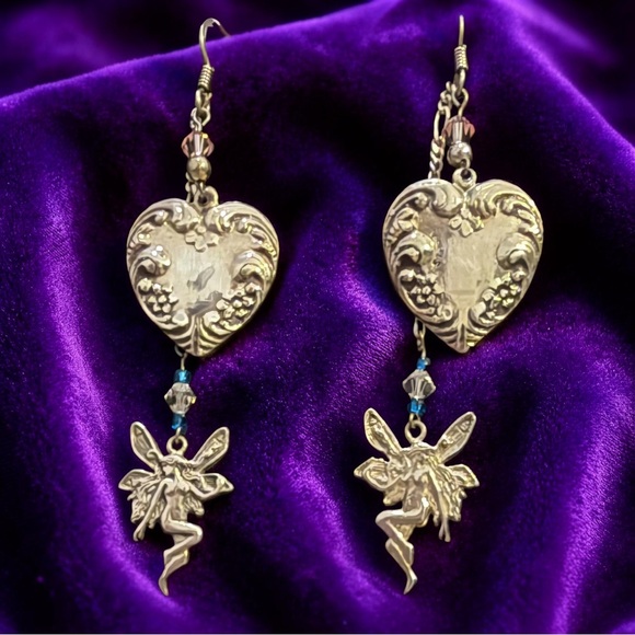Vintage Sterling Silver Fairy Heart Dangle Earrings 925 Spring Whimsical Gift - Picture 3 of 11